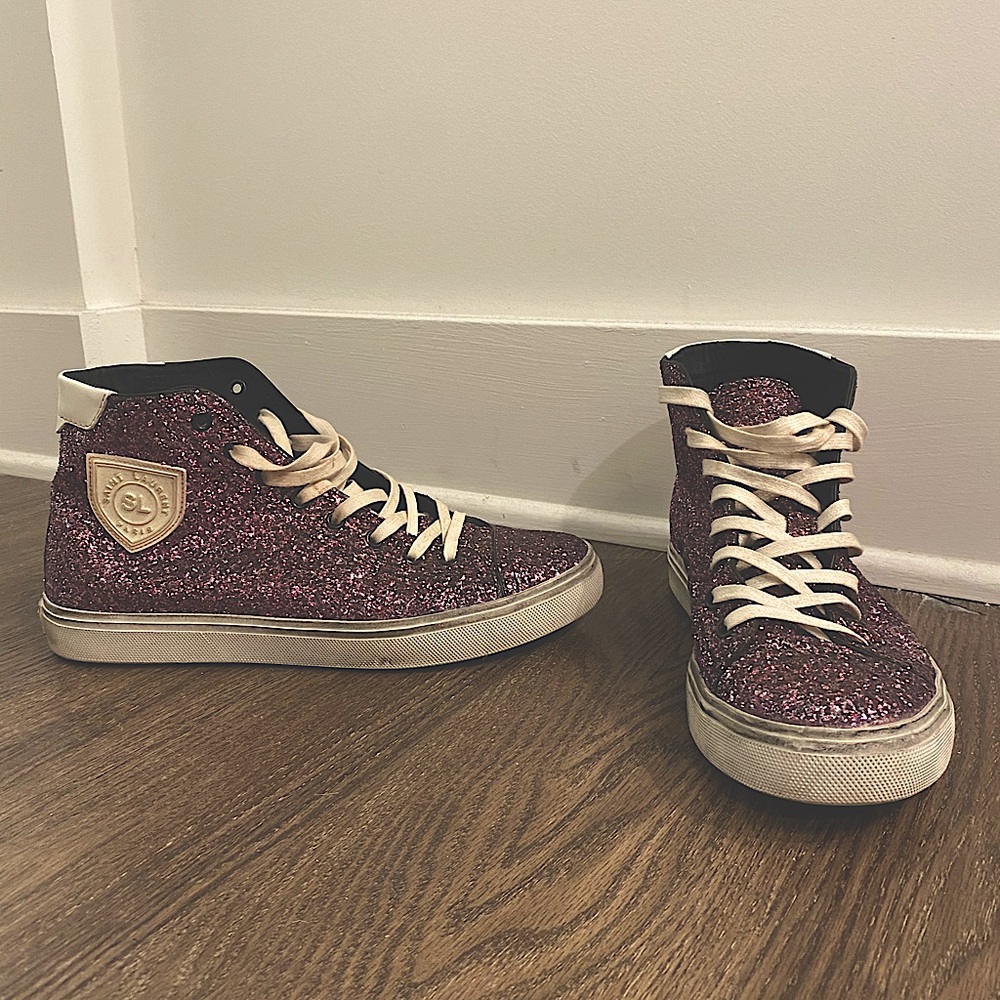 Saint Laurent Pink Sparkle High Top Sneakers